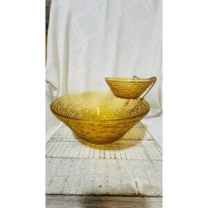 1970s Amber Glass Chip and Dip Bowl Set | Textured Retro Serving Ware